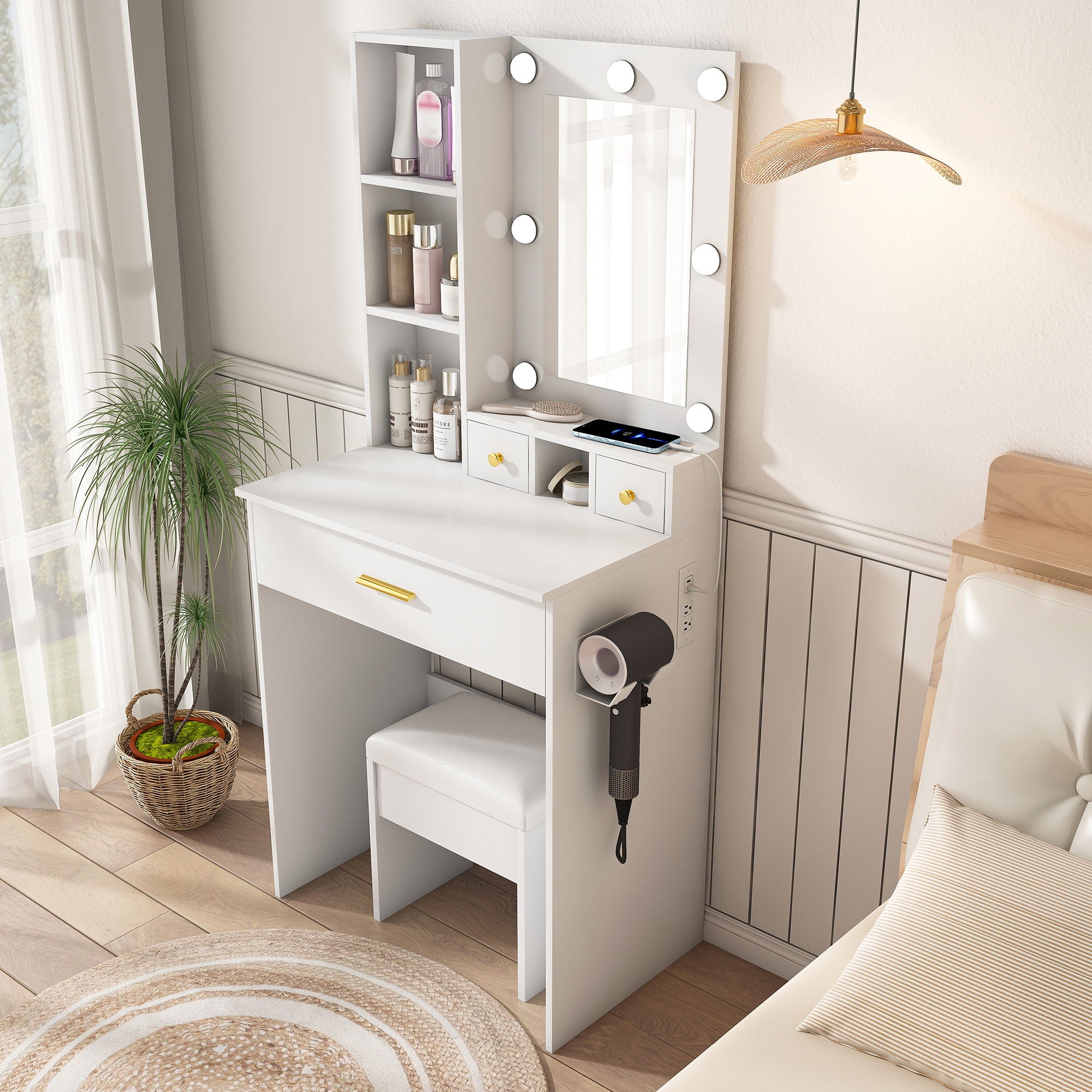 Vanity Table With Mirror, Adjustable LED Lights, Power Outlet, Hairdryer Holder &amp; Stool