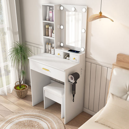 Vanity Table With Mirror, Adjustable LED Lights, Power Outlet, Hairdryer Holder &amp; Stool