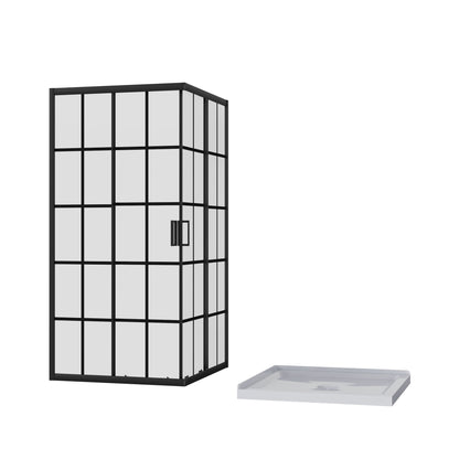Corner Shower Enclosure Double Sliding Door &amp; Shower Base - Matte Black