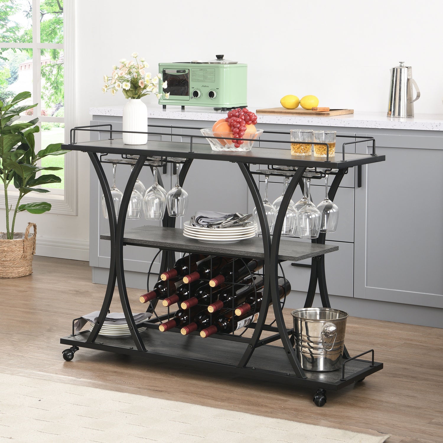 Industrial Bar Cart Kitchen Bar &amp; Serving Cart For Home With Wheels 3 Tier Storage Shelves - Black / Gray