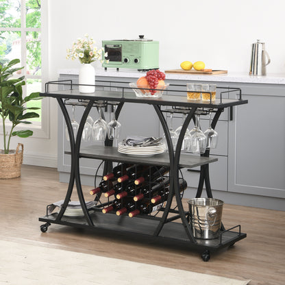 Industrial Bar Cart Kitchen Bar &amp; Serving Cart For Home With Wheels 3 Tier Storage Shelves - Black / Gray