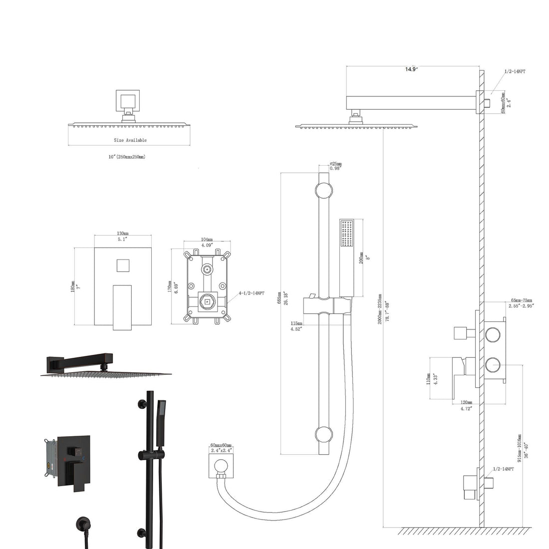 Wall Mounted Square Shower System With Adjustable Slide Bar, Rainfall Shower Head, 10 &quot; - Oil-Rubbed Bronze