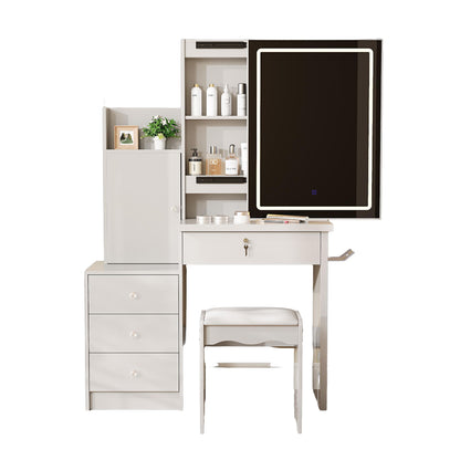 Vanity Desk Set With Sliding Lighted Mirror, 4 Drawer Makeup Dressing Table With 9 Storage Spaces, Hidden Compartments &amp; Cushioned Stool, Beauty Furniture For Bedroom - White