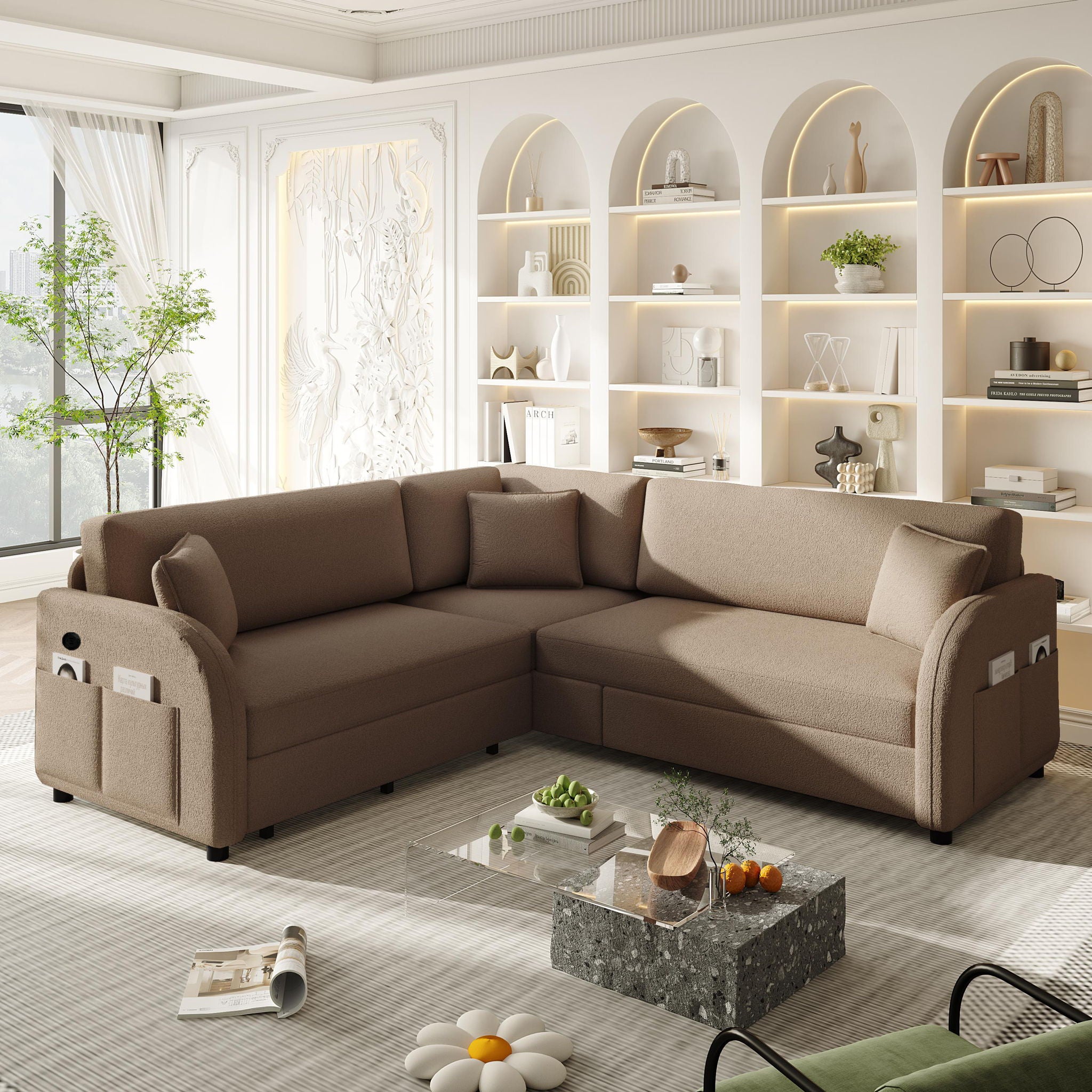 L-Shaped Couch With Pull-Out Bed, Oversize Convertible Sleeper Sofa With Side Pocket &amp; USB Port