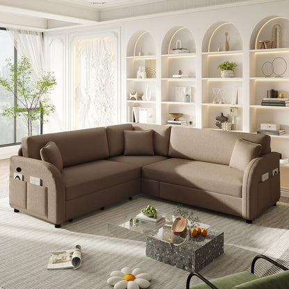 L-Shaped Couch With Pull-Out Bed, Oversize Convertible Sleeper Sofa With Side Pocket &amp; USB Port