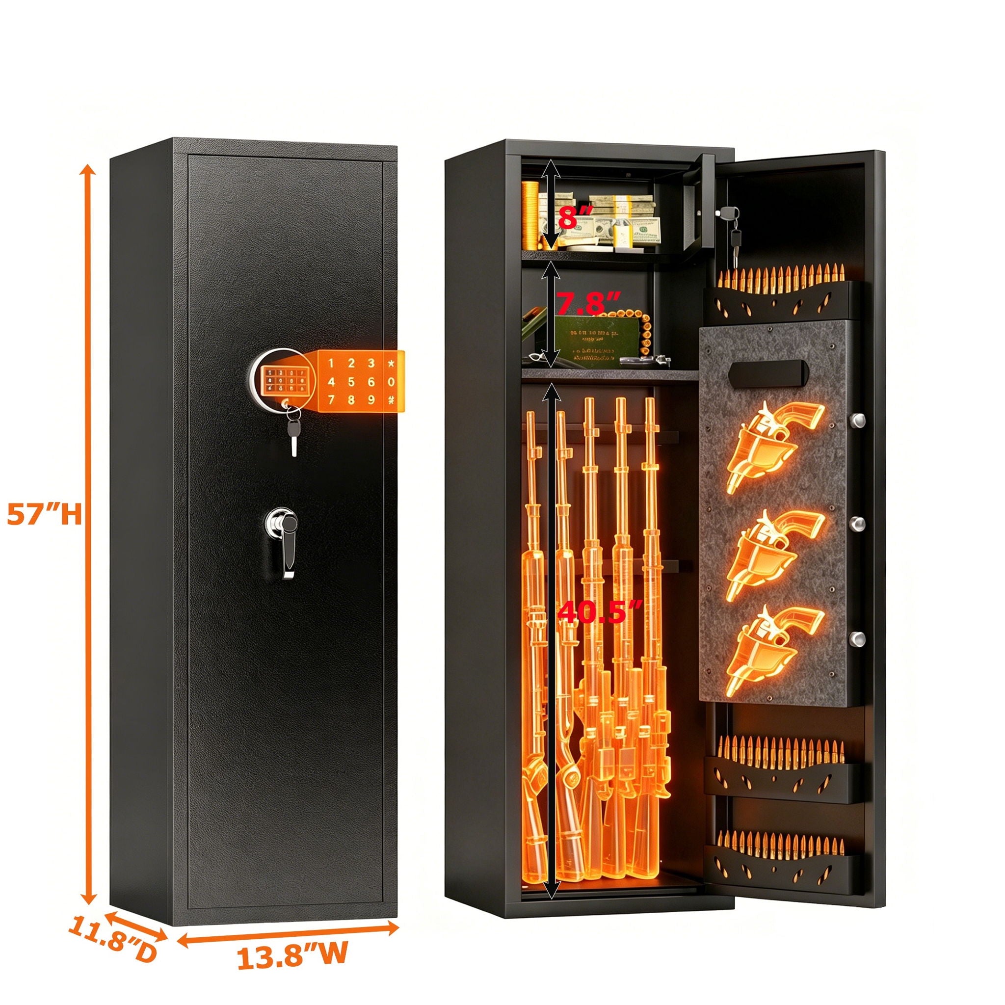 High Large Capacity Mechanical Gun Safe For Rifles &amp; Handguns, Digital Password Lock, Built In Independent Lock Box, Adjustable Shelves - Black
