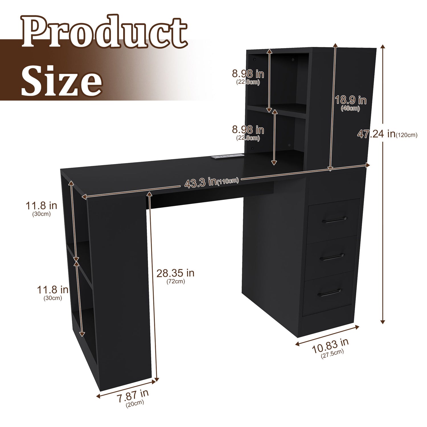Computer Desk With 4 In 1 Socket &amp; 3 Drawers, 4 Tier Shelves