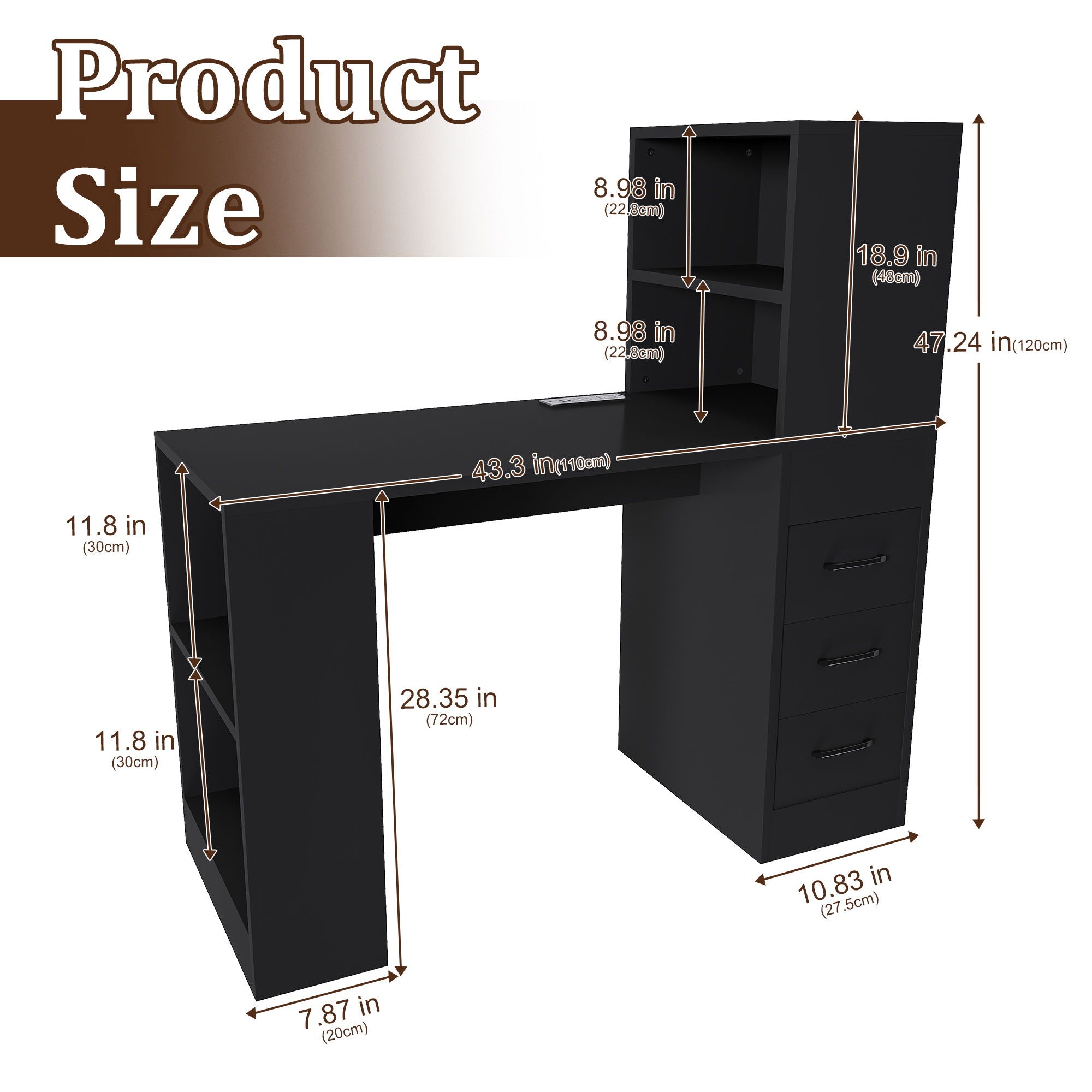 Computer Desk With 4 In 1 Socket &amp; 3 Drawers, 4 Tier Shelves
