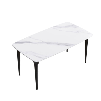 63&quot; Modern Artificial Stone White Curved Black Metal Leg Dining Table, 6 People - White