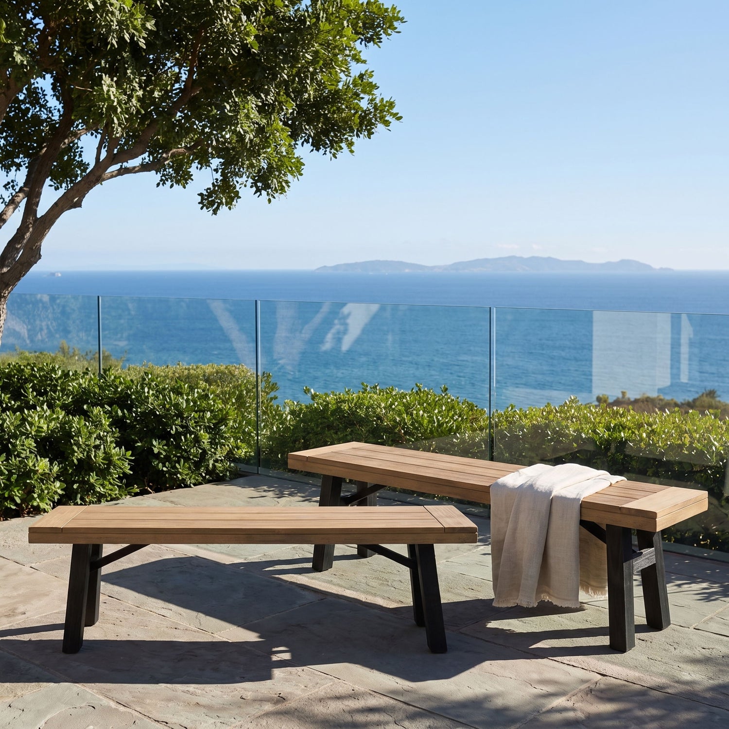Outdoor Bench With Slat Panel Design And Acacia Wood Frame