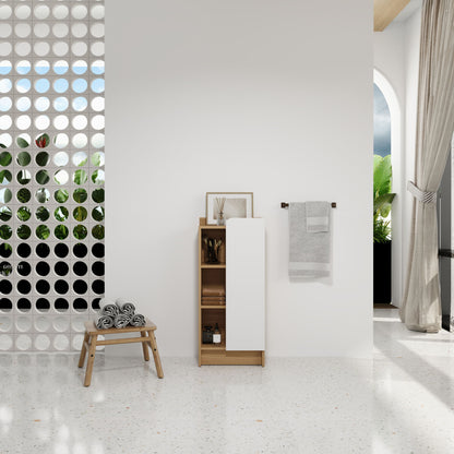 Freestanding Bathroom Side Cabinet, Narrow Storage Cabinet With Single Door &amp; 3 Tier Open Shelves - Black / Light Oak / White