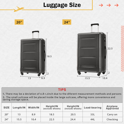 2 Piece Luggage Set With Bags Expanable Spinner Wheels ABS Lightweight Suitcase With Tsa Lock 20&quot; / 24&quot;