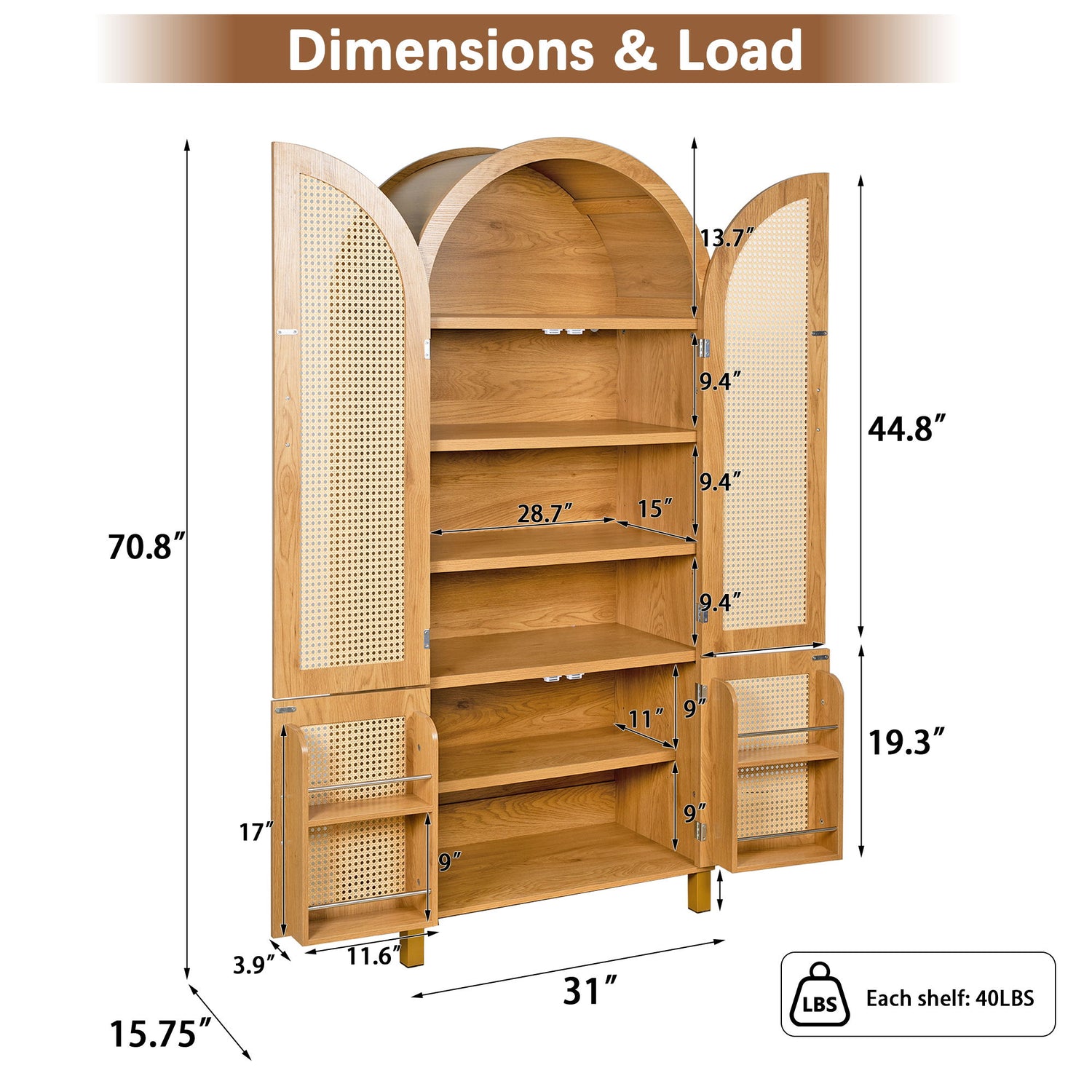 Tall Arched Cabinet With Rattan Doors &amp; Adjustable Shelves