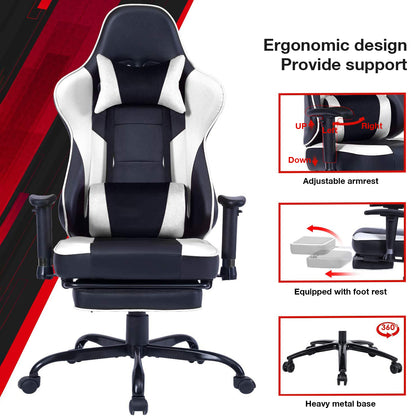 Game chair, ergonomically designed computer chair with headrest and 2D armrests, waist pillow electronic lounge chair with vibration massage function, competitive chair