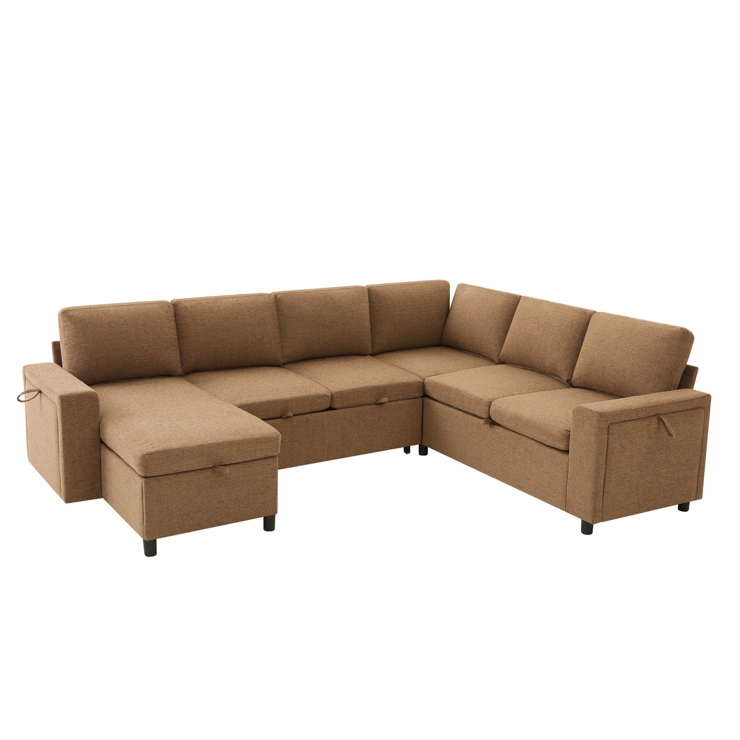 U - Shaped Convertible Sectional Sofa Bed With Storage, USB Charger &amp; Cup Holders