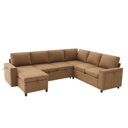 U - Shaped Convertible Sectional Sofa Bed With Storage, USB Charger &amp; Cup Holders