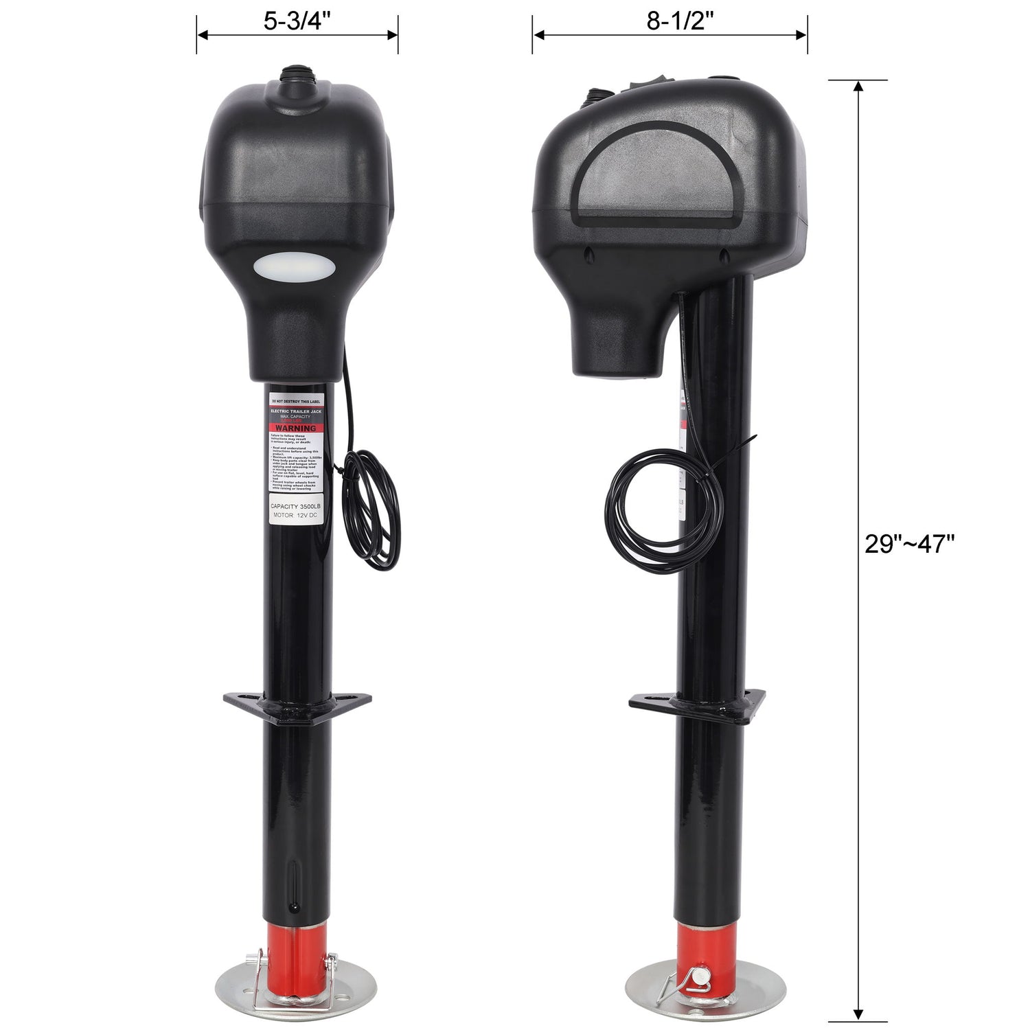 Electric Power Tongue Jack 3500Lbs Capacity With Waterproof Cover For RV Trailer &amp; Camper, 12V Dc - Black