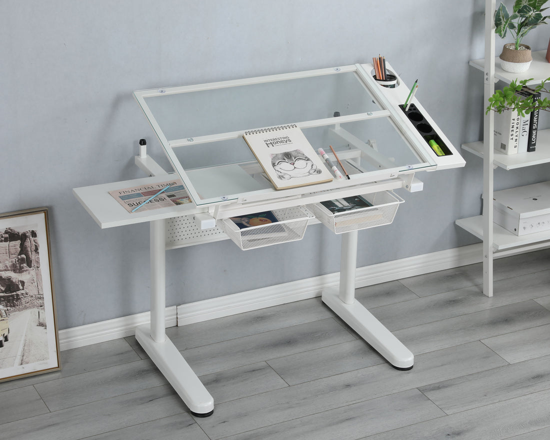 38.18&quot; Hand Crank Adjustable Drafting Table Drawing Desk With 2 Metal Drawers With Stool