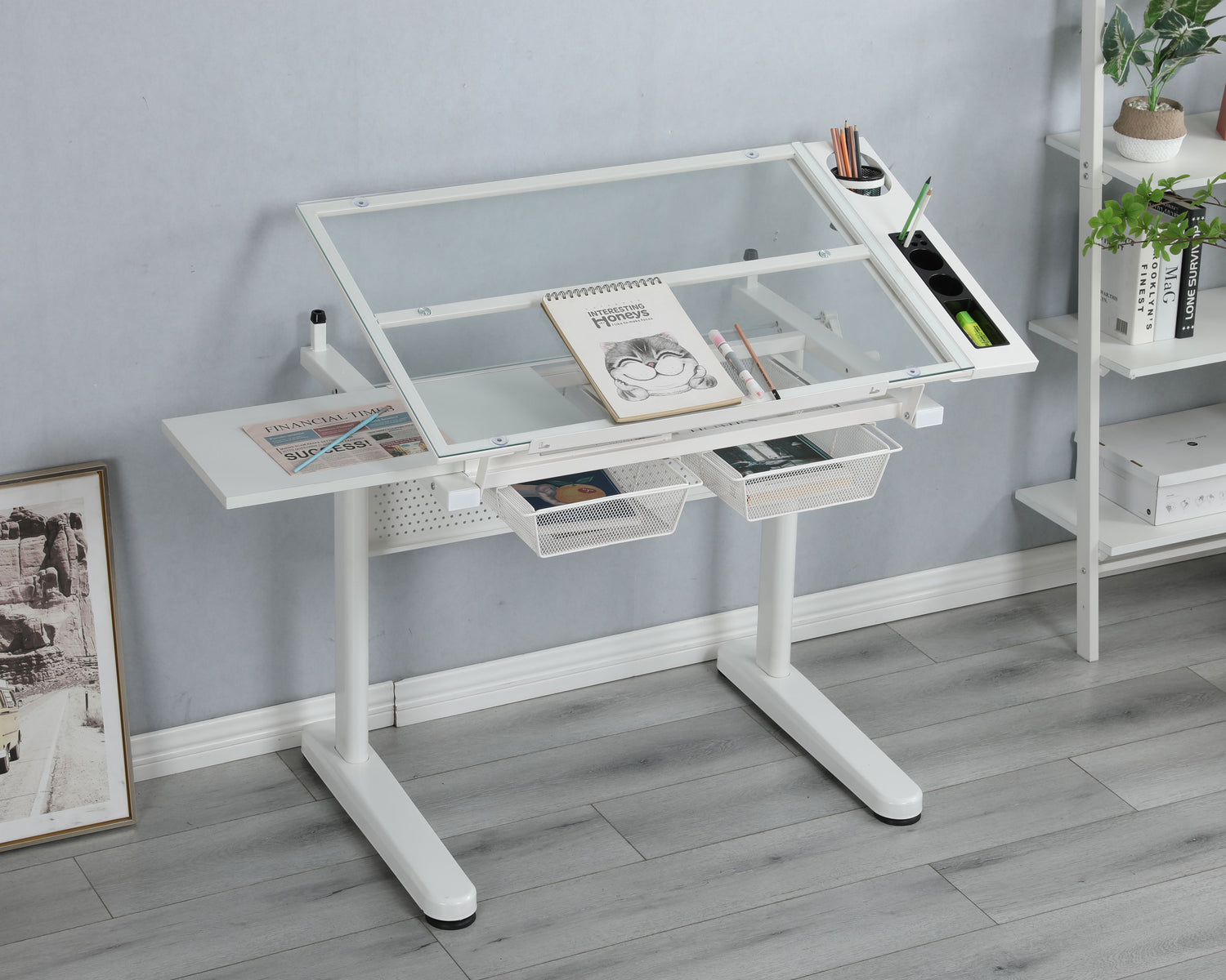 38.18&quot; Hand Crank Adjustable Drafting Table Drawing Desk With 2 Metal Drawers With Stool