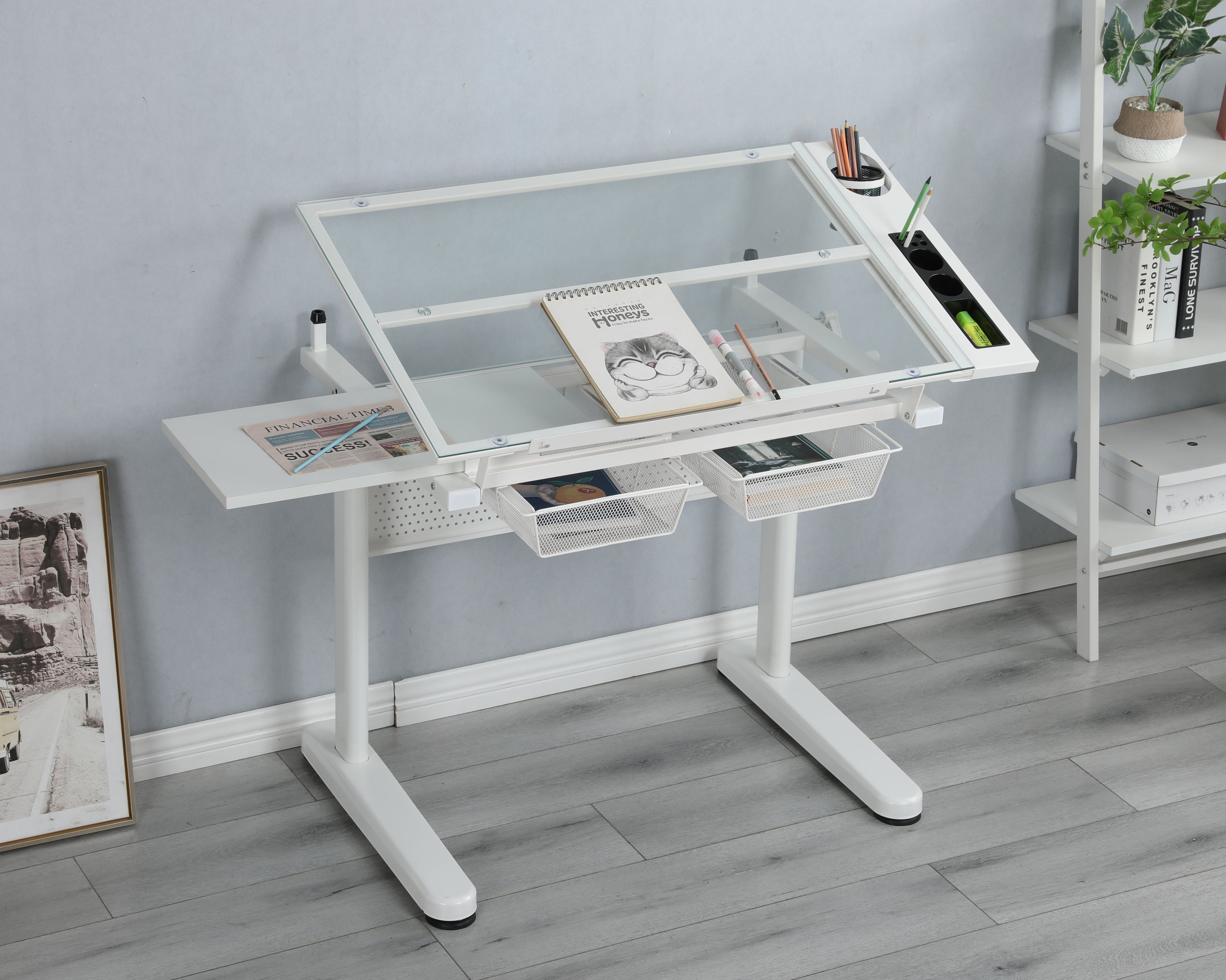 38.18&quot; Hand Crank Adjustable Drafting Table Drawing Desk With 2 Metal Drawers With Stool