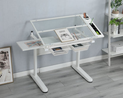 38.18&quot; Hand Crank Adjustable Drafting Table Drawing Desk With 2 Metal Drawers With Stool