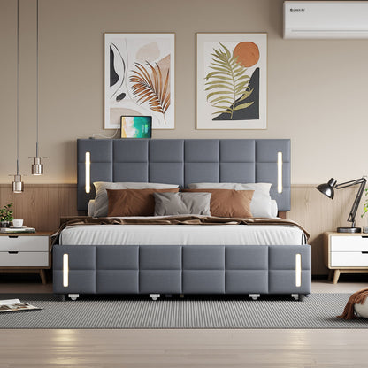 Upholstered Platform Bed With Trundle &amp; Drawers