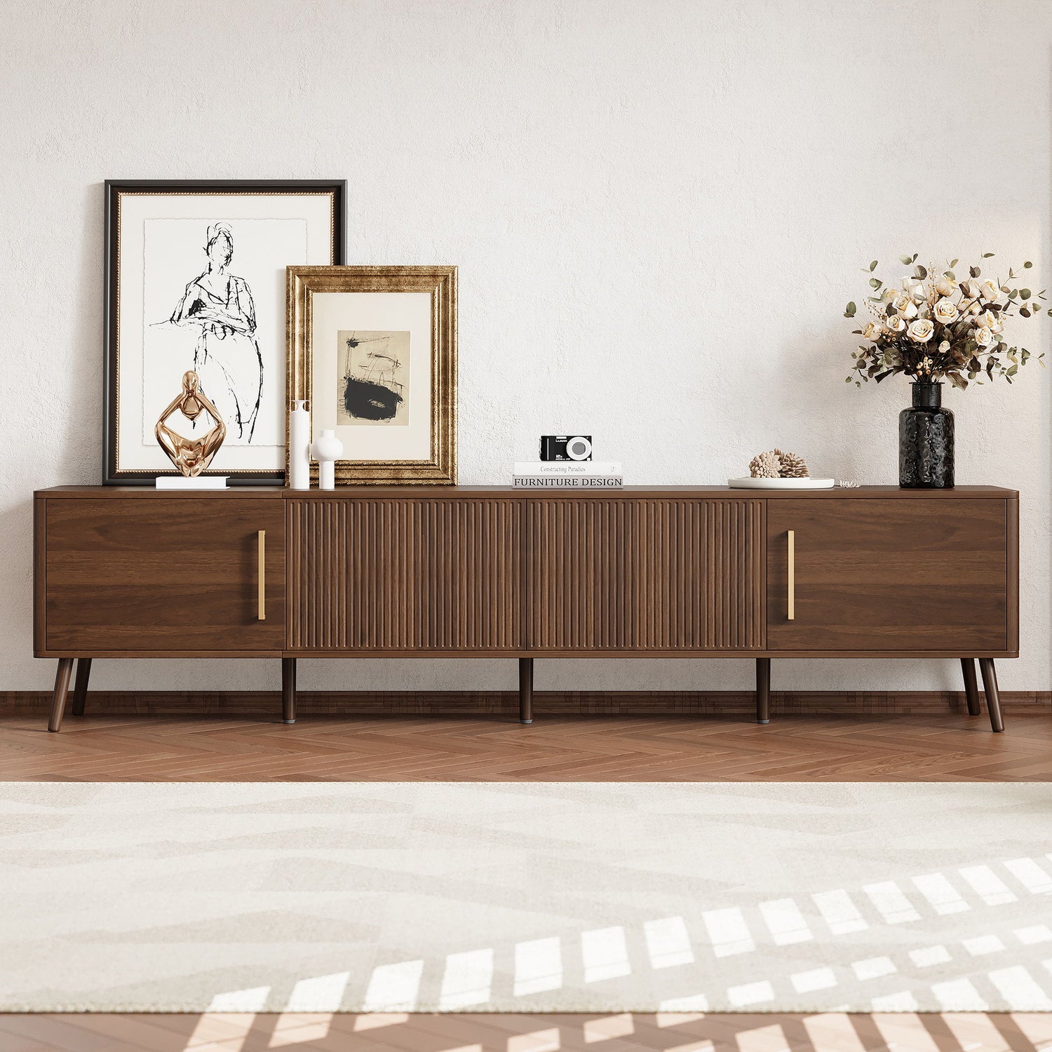 TV Stand For TVs Up To 85&quot; With Fluted Door, Cable Management, Soft-Closing Hinges - Walnut