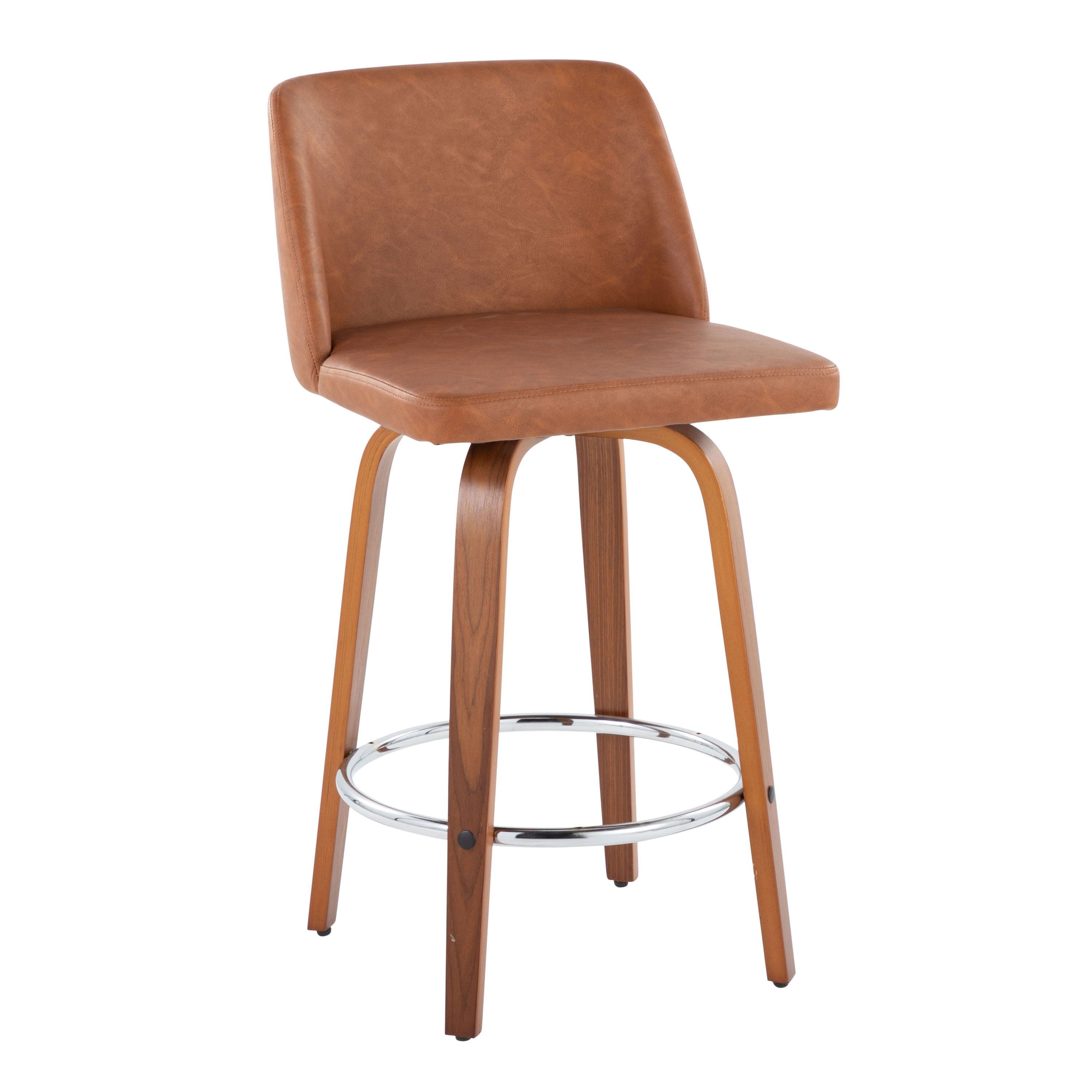 Toriano - Contemporary Fixed Height Counter Stool With Swivel &amp; Round Footrest (Set of 2) - Walnut / Camel