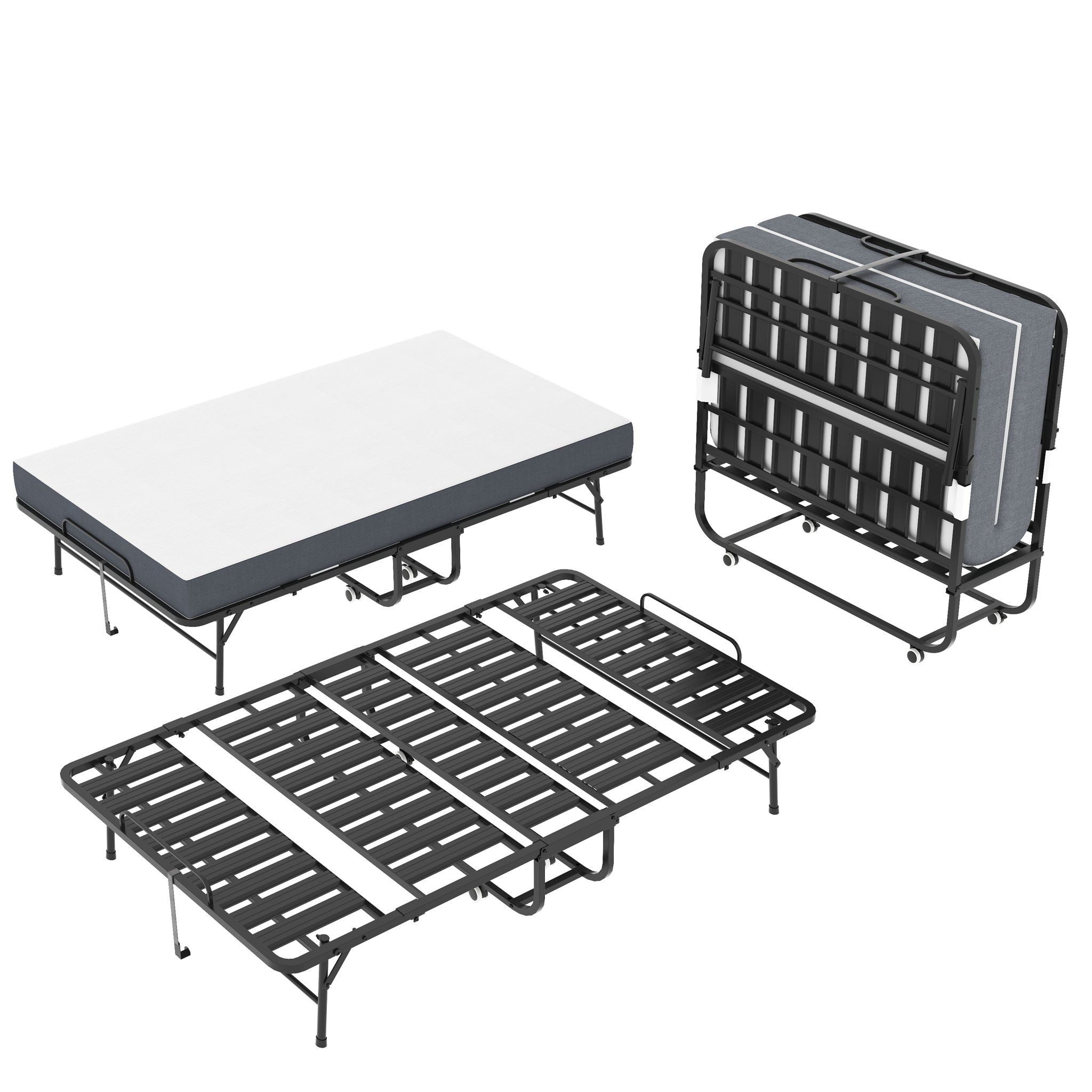 Twin Wide Folding Bed For Tall People, Extra Long &amp; Wide Rollaway With Memory Foam, Heavy-Duty - Black