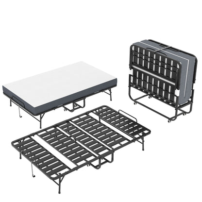 Twin Wide Folding Bed For Tall People, Extra Long &amp; Wide Rollaway With Memory Foam, Heavy-Duty - Black