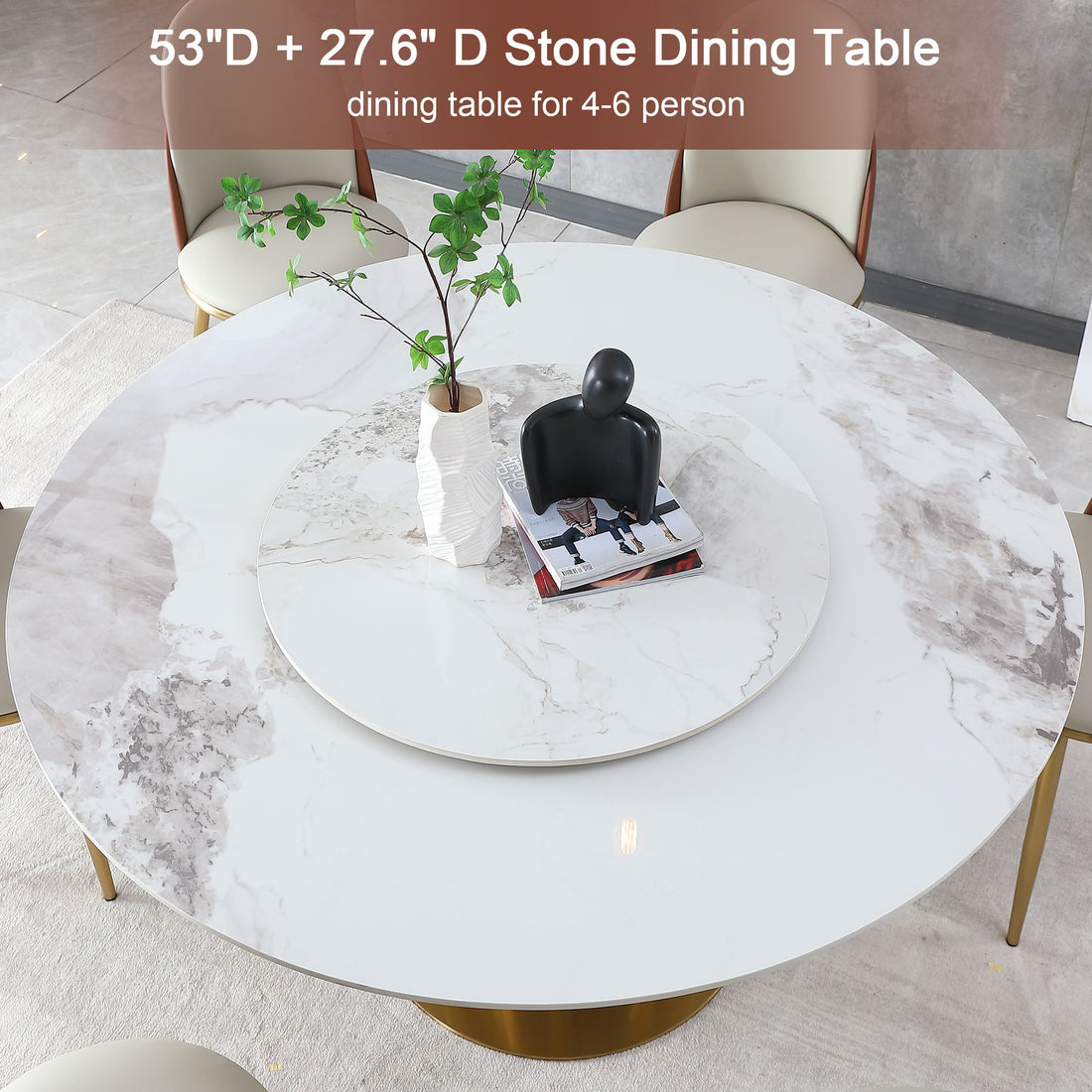 53&quot; Round Marble Dining Table With Lazy Susan, Dining Room, Dinette (Table Only) - Gold / Gold / White