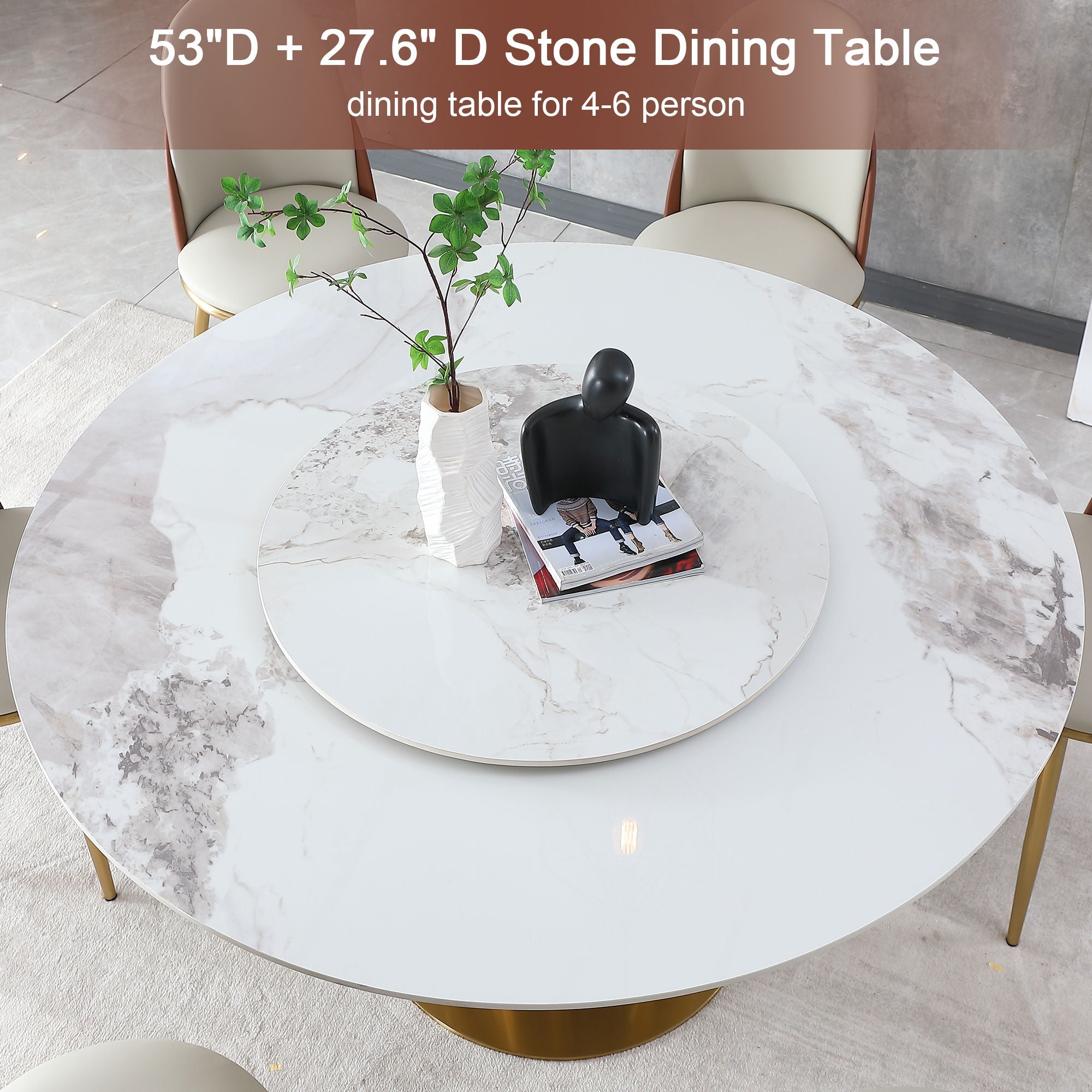 53&quot; Round Marble Dining Table With Lazy Susan, Dining Room, Dinette (Table Only) - Gold / Gold / White