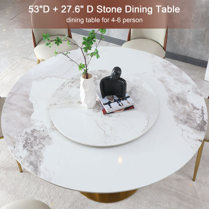 53&quot; Round Marble Dining Table With Lazy Susan, Dining Room, Dinette (Table Only) - Gold / Gold / White