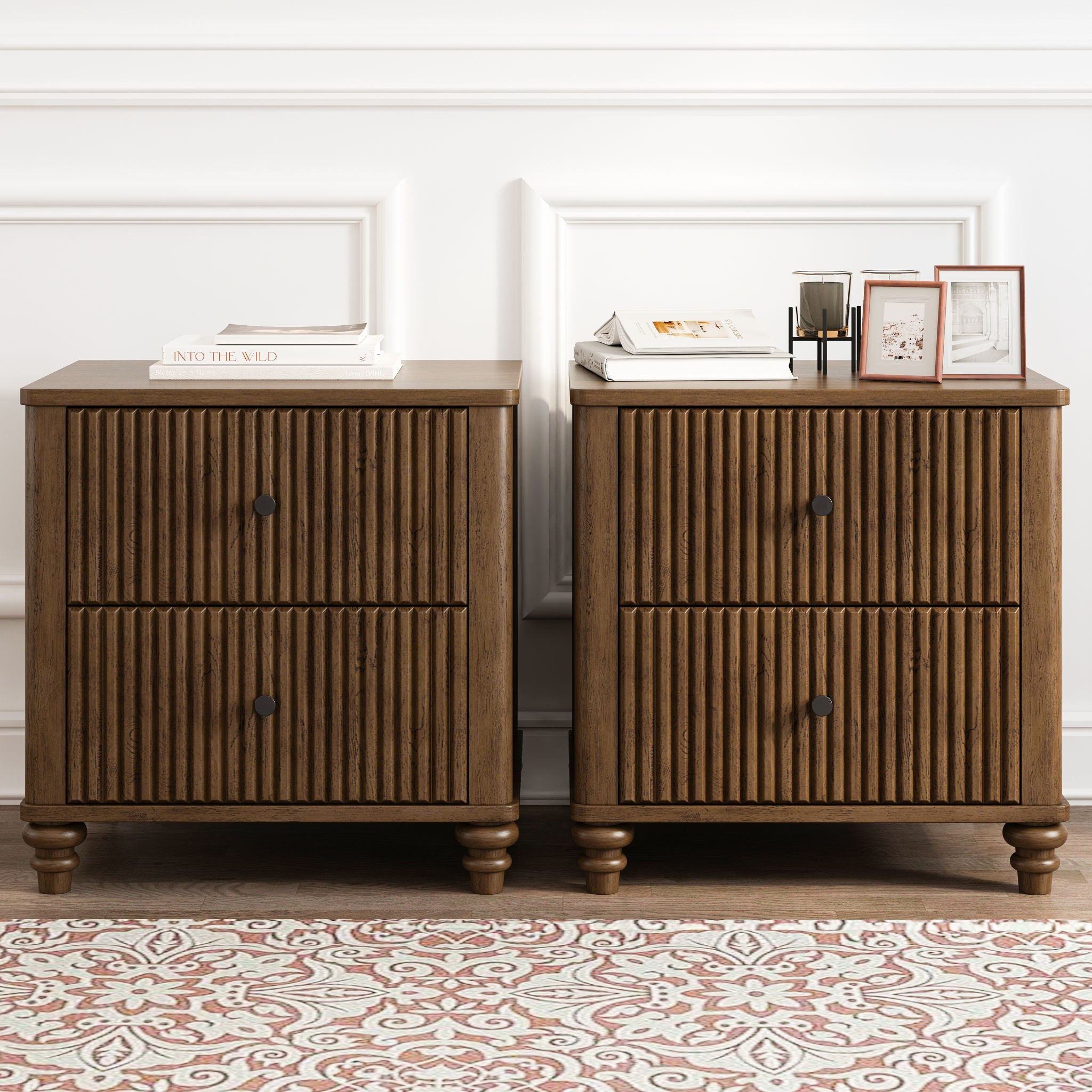 Mid Century Modern Fluted Nightstand 2 Piece Set With 3 Drawers - Walnut
