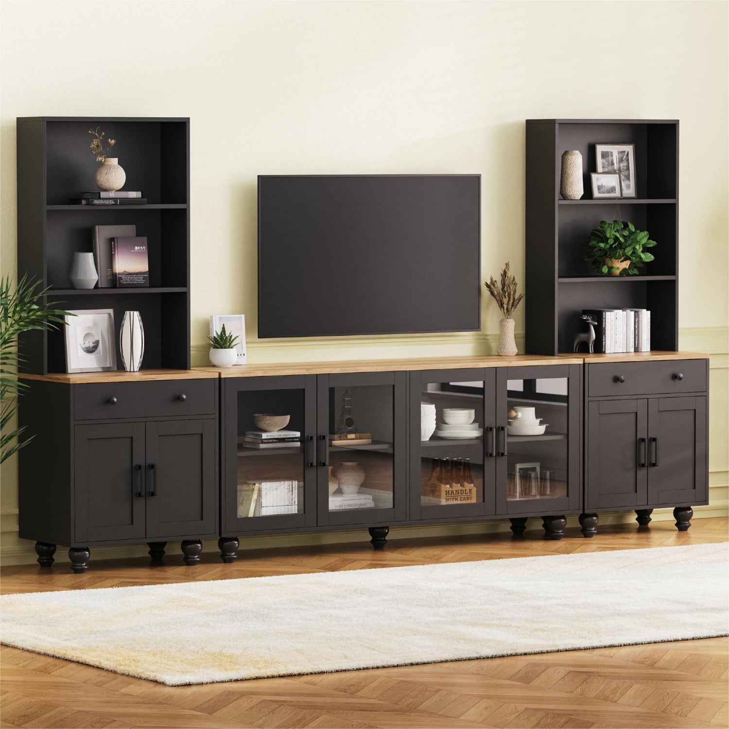 Farmhouse TV Stand With Solid Wood Gourd Shaped Legs For TVs Up To 70&quot;