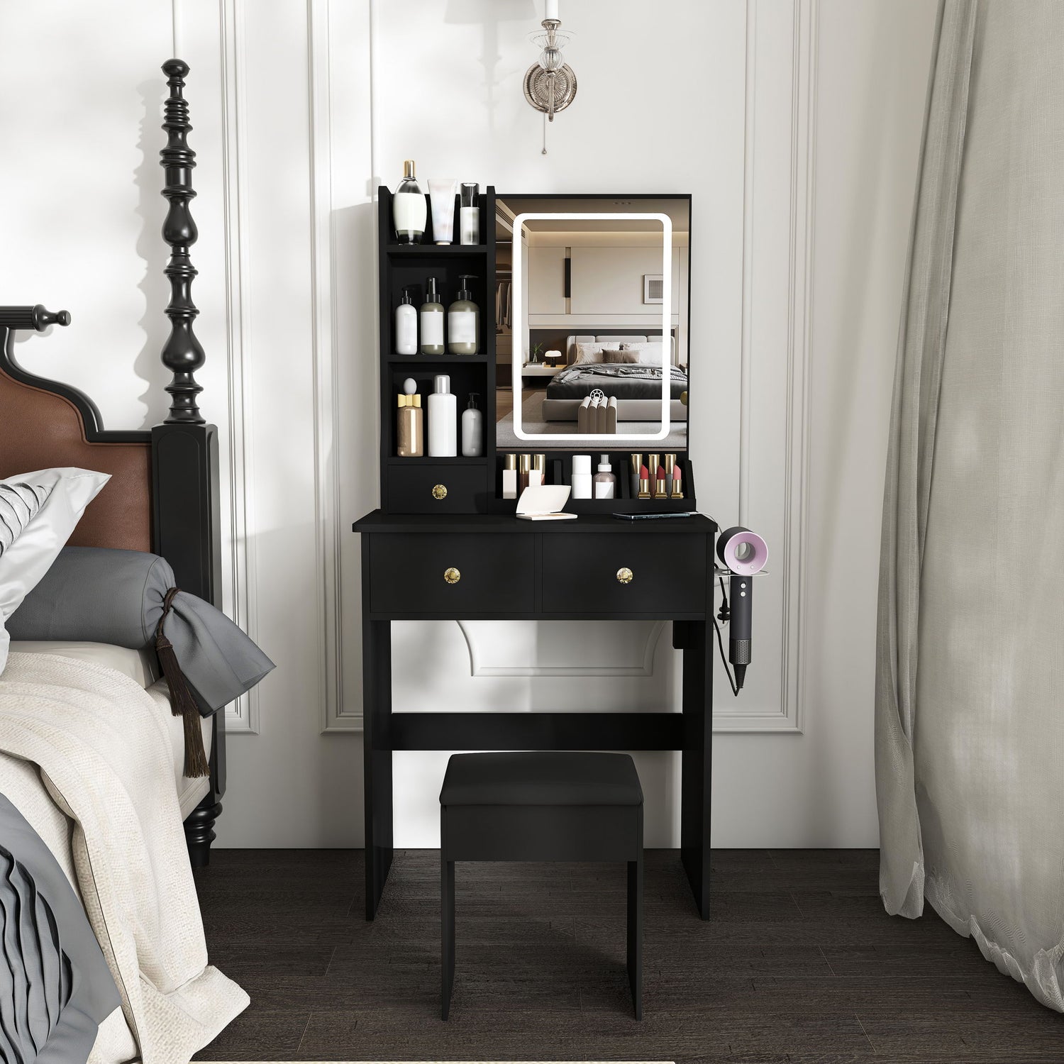 Modern Small Vanity Desk With 3 LED Lighting Modes, 3 Drawers