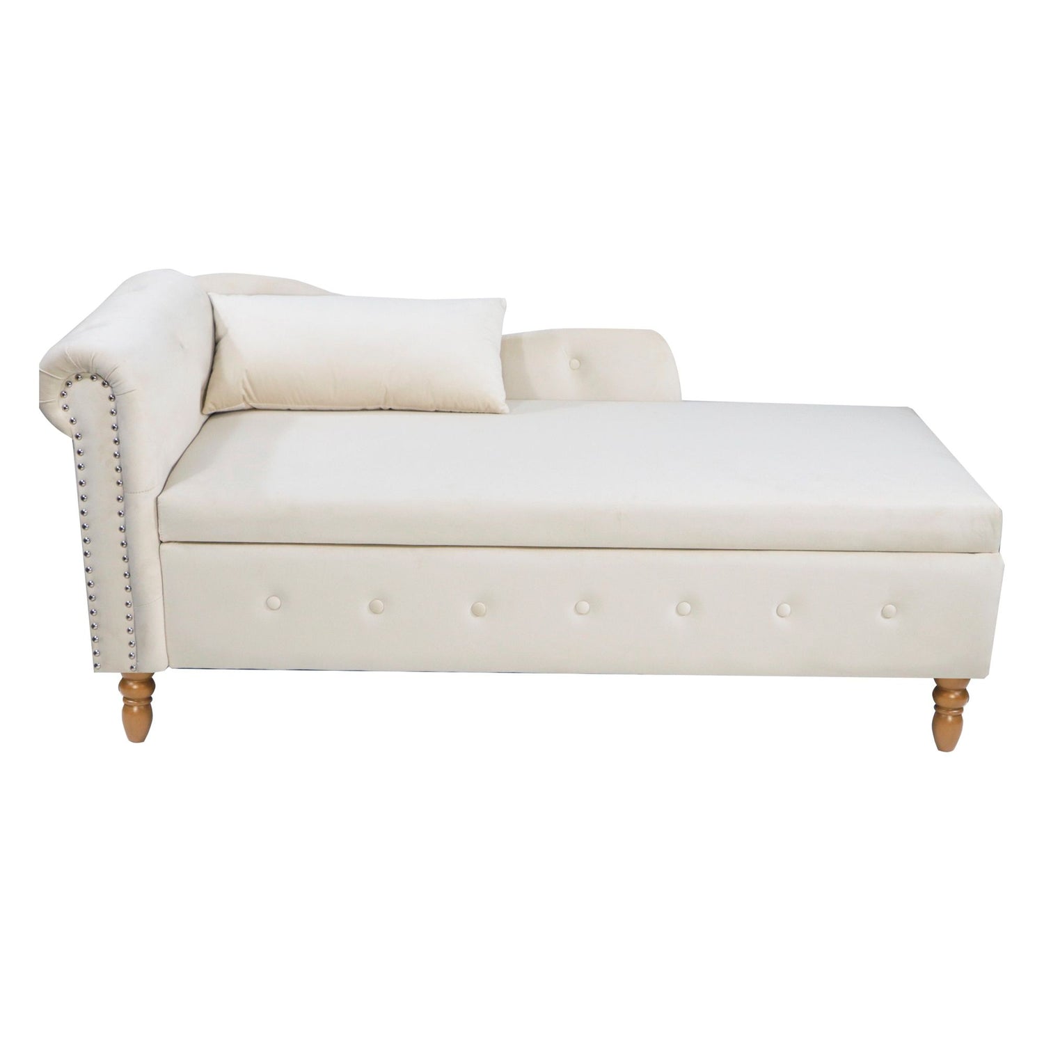 Chaise Lounge Indoor, Velvet Lounge Chair For Bedroom With Storage &amp; Pillow, Modern Upholstered Rolled Arm Chase Lounge For Sleeping With Nailhead Trim For Living Room Bedroom Office