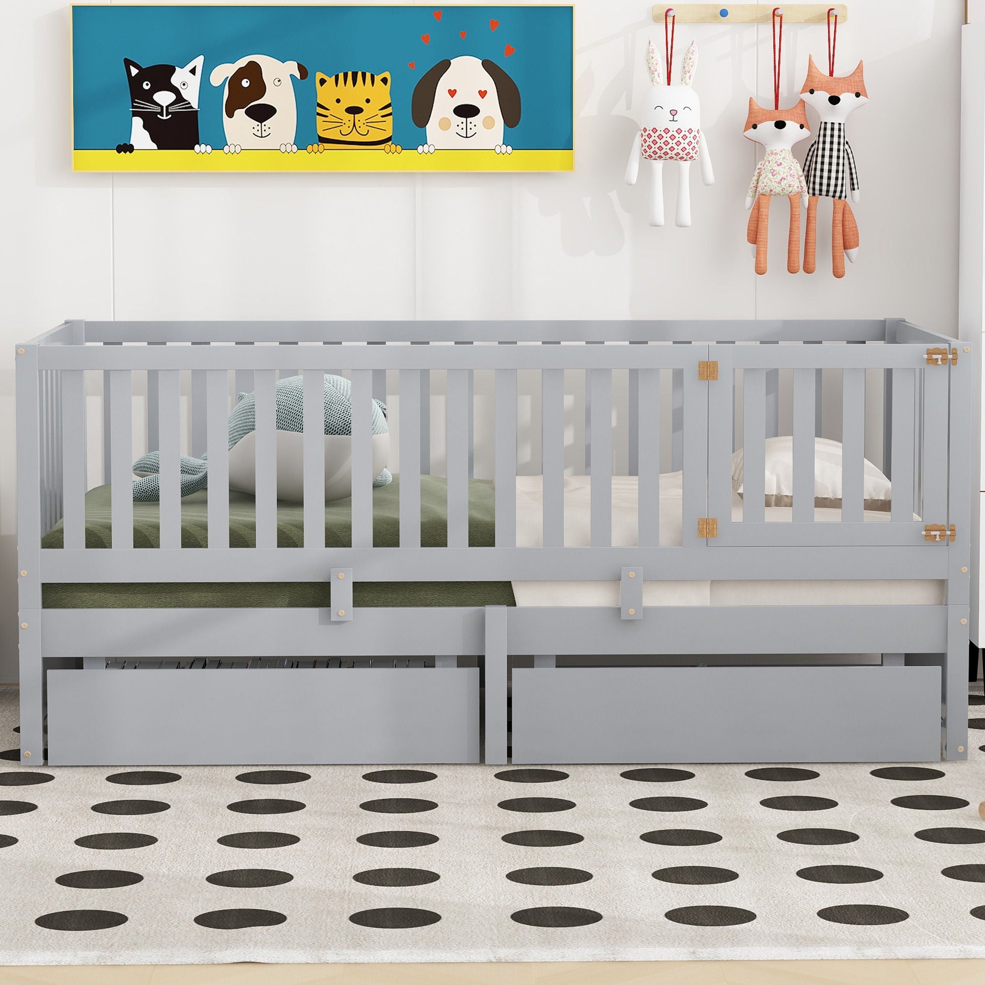 Daybed With Fence Guardrails And 2 Drawers, Split Into Independent Floor Bed &amp; Daybed