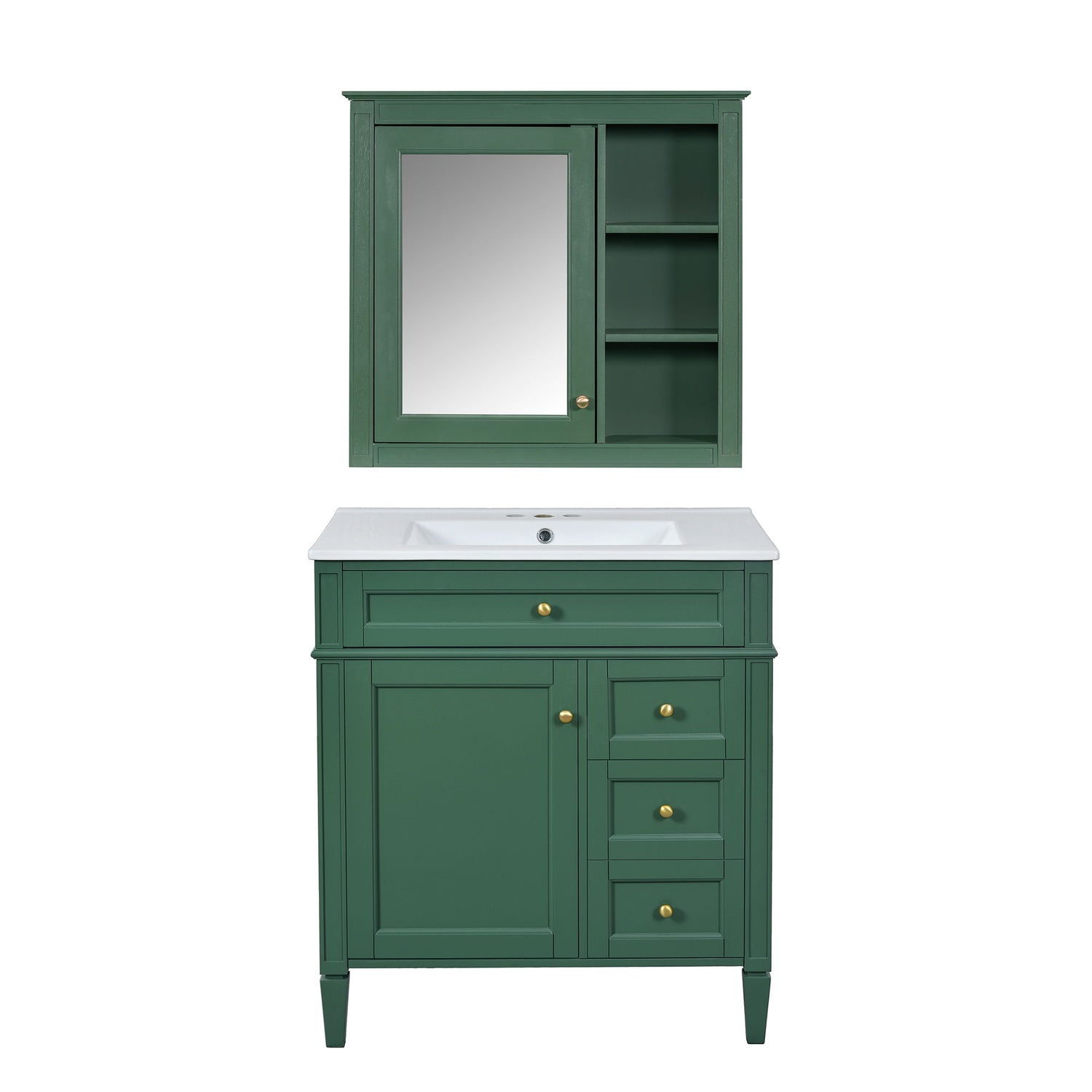 Bathroom Vanity With Top Sink, 2 Doors And 3 Drawers, Freestanding Set With Mirror Cabinet