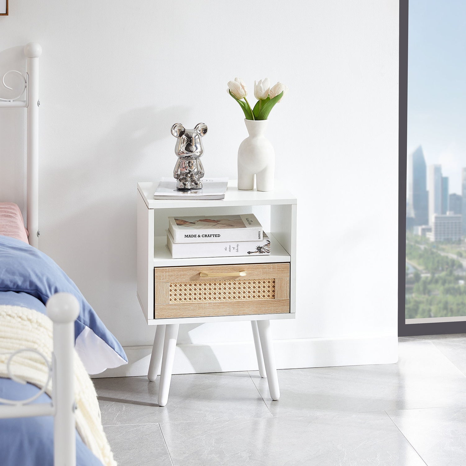 15.75&quot; Rattan End Table With Drawer And Solid Wood Legs, Modern Nightstand, Side Table For Living Room, Bedroom