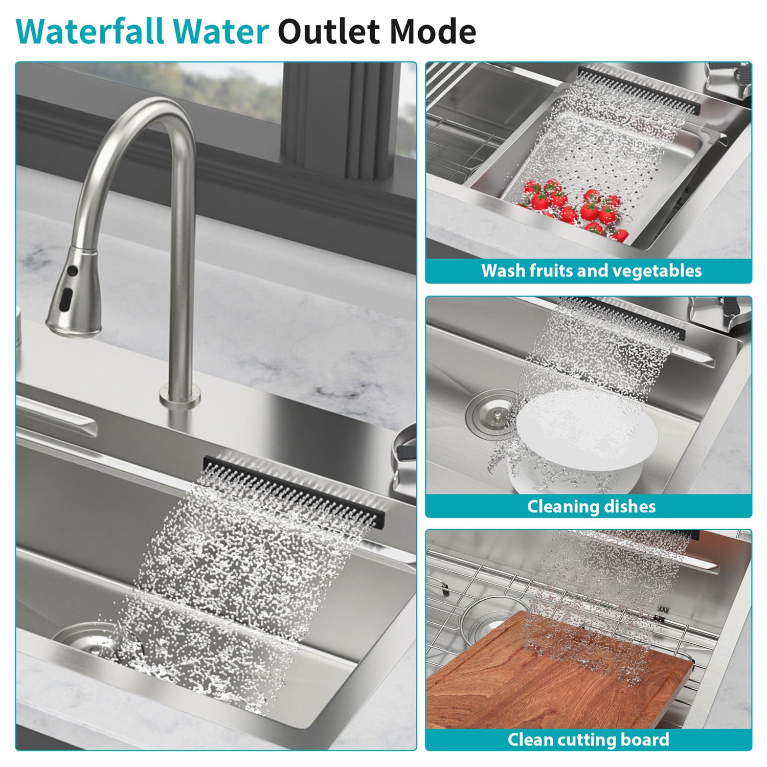 Drop In Waterfall Kitchen Sink With Pull Out Faucet &amp; Cup Washer
