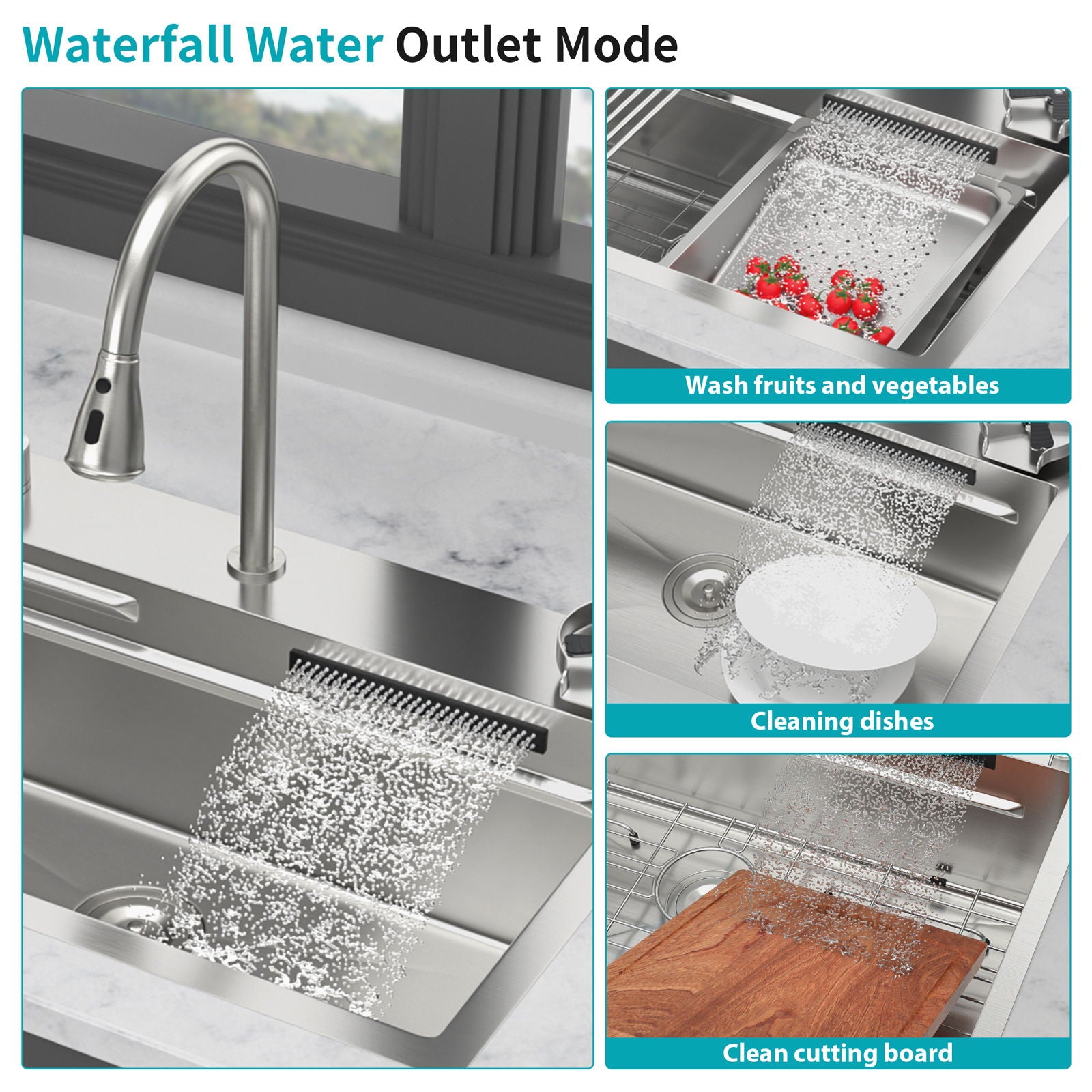 Drop In Waterfall Kitchen Sink With Pull Out Faucet &amp; Cup Washer