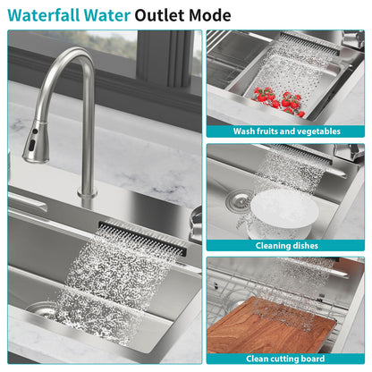 Drop In Waterfall Kitchen Sink With Pull Out Faucet &amp; Cup Washer