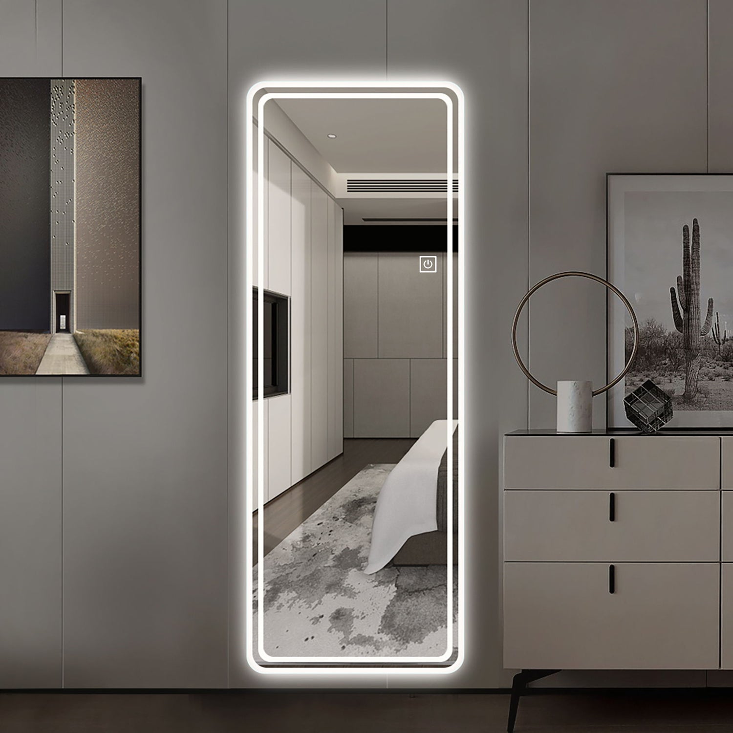 Frameless Full Length Floor Mirror With LED Light, Dimming &amp; 3 Color Modes Mirror - Silver