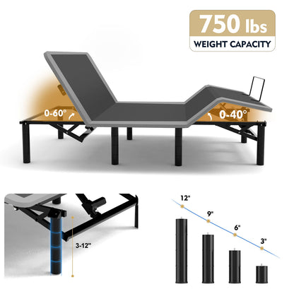 Adjustable Bed Frame With Massage Head &amp; Foot Incline, Wireless Remote, USB Ports, LED Night Light