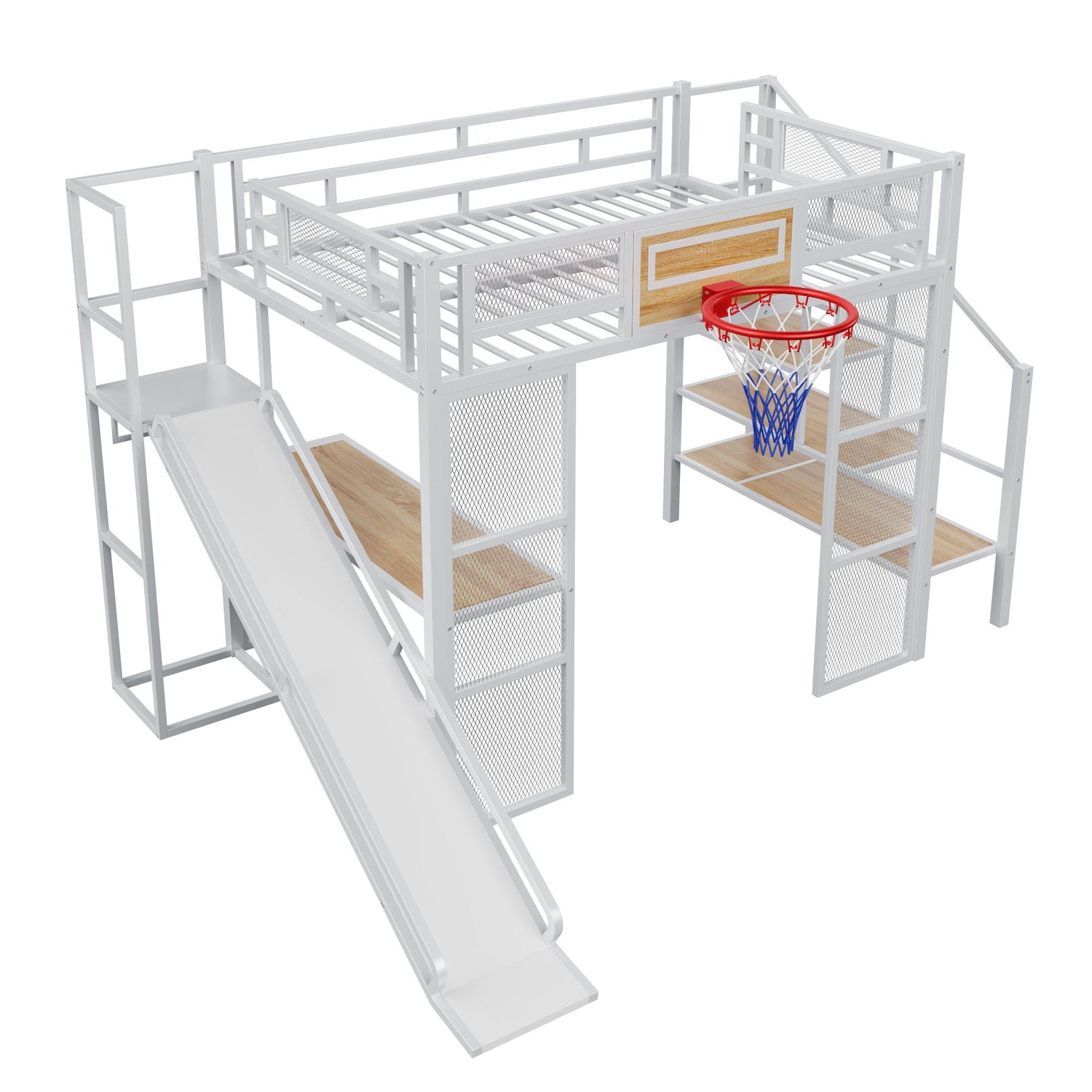 Loft Bed With Built In Desk, Open Wardrobe, Basketball Hoop, Slide And Staircase