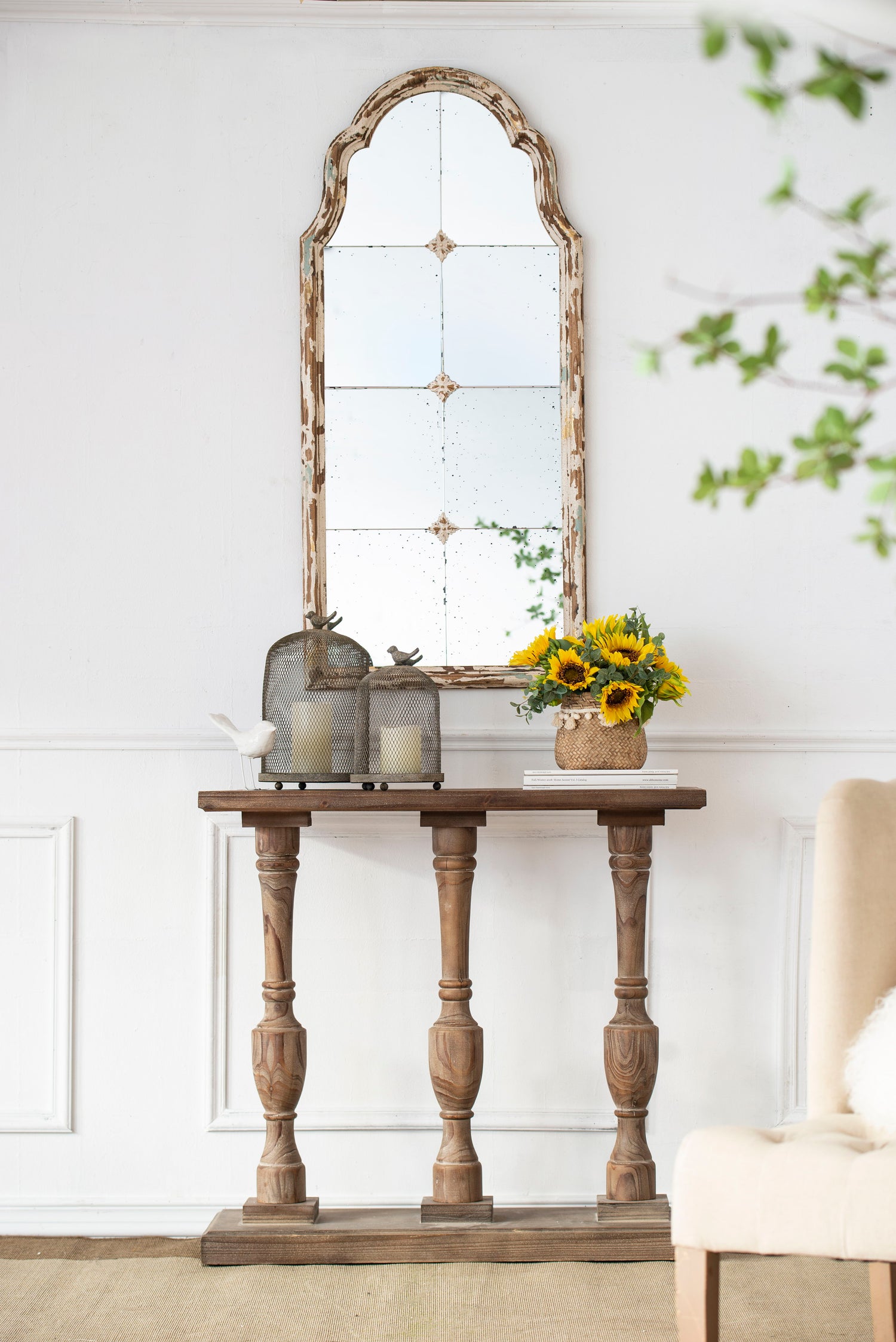 Large &amp; Framed Wall Mirror, Arched Mirror With Decorative Window Look For Living Room - Cream