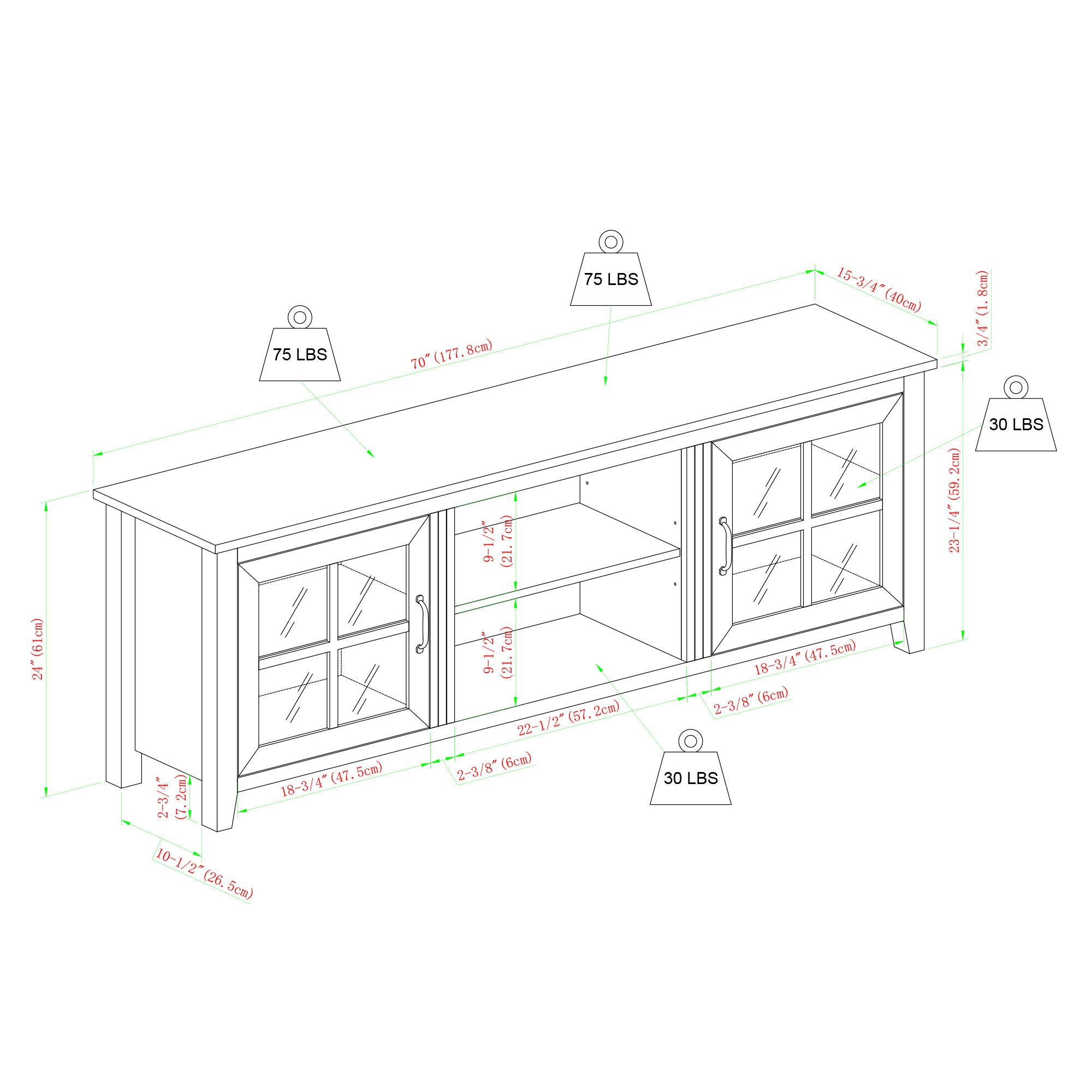 Modern Farmhouse 2 Door Glass Windowpane 70&quot; TV Stand For 80&quot; TVs