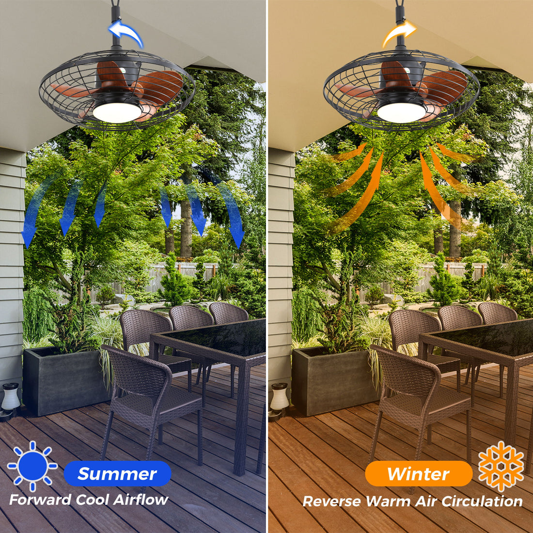 20&quot; Downrod Mount Ceiling Fan LED 18W 3 Cct 5 ABS Blades DC Motor With Hanging And Hook For Outside Patios Pergola - Black