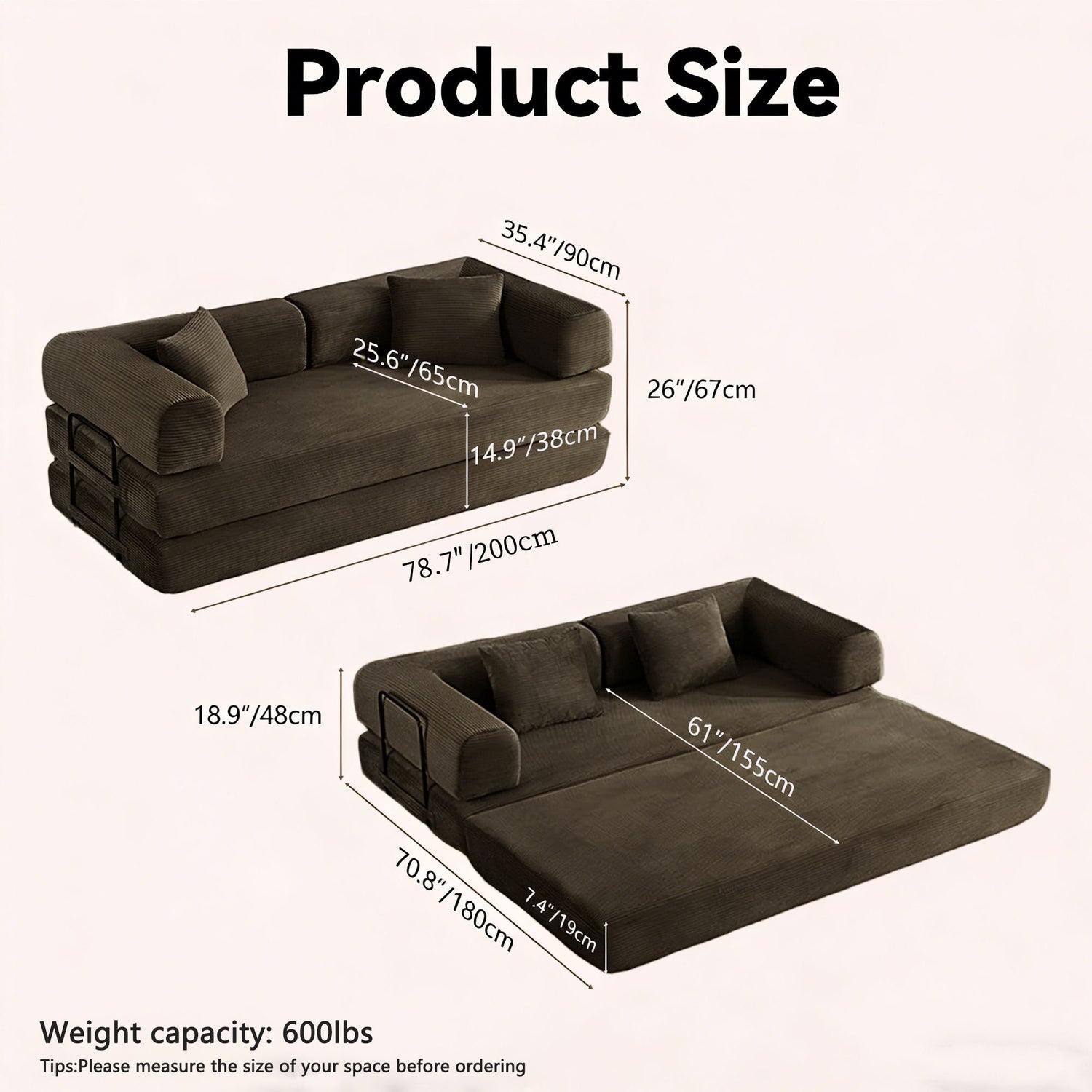 Convertible Sofa Bed With Removable Pillows